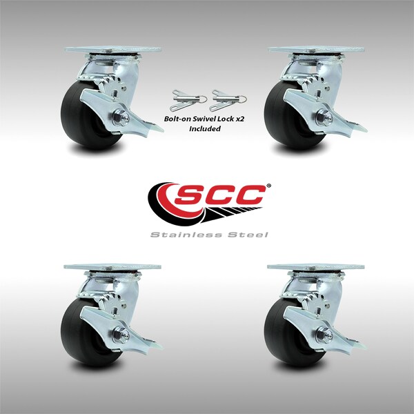 Service Caster 4 Inch SS Polyolefin Caster Set with Ball Bearings 4 Brake 2 Swivel Lock SCC SCC-SS30S420-POB-TLB-BSL-2-TLB-2 - main